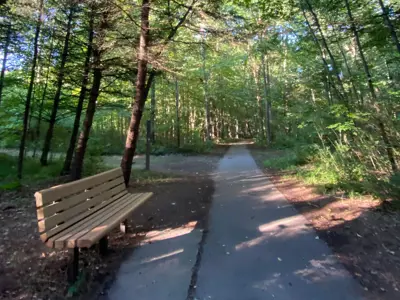 Paved trail going through the woods at the Harris Nature Center